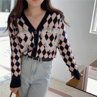 Mesh Ruffled Argyle Cardigan