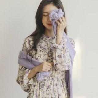 Smocked-neck Floral Long Chiffon Dress