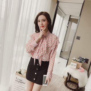 Floral Print Tie-neck Ruffle Chiffon Blouse