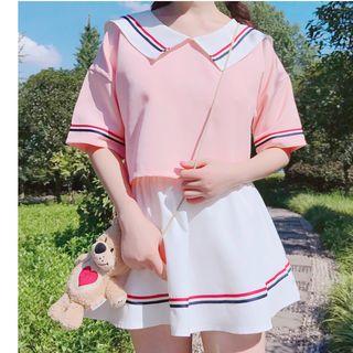 Set: Elbow-sleeve Striped Trim Wide Collar T-shirt + A-line Mini Skirt