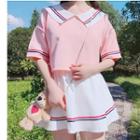 Set: Elbow-sleeve Striped Trim Wide Collar T-shirt + A-line Mini Skirt