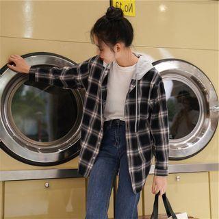 Plaid Color-block Hooded Button-up Oversize Shirt As Shown In Figure - One Size