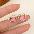 Peach Heart Faux Pearl Alloy Earring Stud Earring - 1 Pair - S925 Stud - Pink - One Size