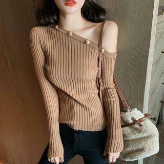 Cold-shoulder Buttoned Ribbed Knit Top