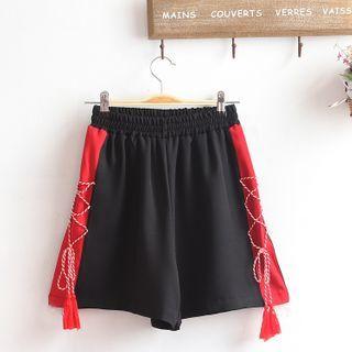 Tasseled Color Block Shorts Black - One Size