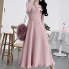 Long-sleeve Split-neck Midi A-line Knit Dress