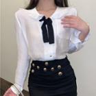 Ruffle Trim Collar Bow Blouse / Mini Pencil Skirt