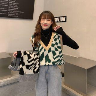 Color-block Knit Vest / Cowl-neck Top