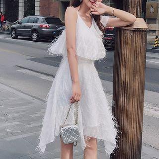 Spaghetti-strap V-neck Feather Dress