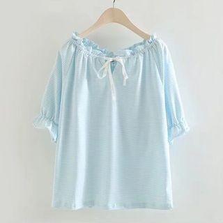 Elbow-sleeve Frill-trim Striped Blouse
