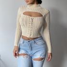 Long Sleeve Mock-neck Cut-out Lace-up Knit Crop Top Champagne - One Size