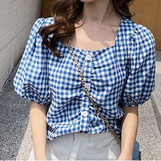 Puff-sleeve Square-neck Gingham Blouse