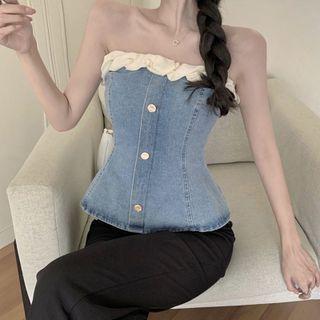 Strapless Ruffled Denim Camisole Top