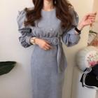 Puff-sleeve Embellished Sheath Dress