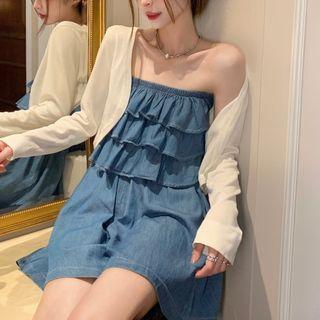 Plain Lightweight Cardigan / Strapless Ruffle Denim Mini A-line Dress