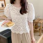 Puff-sleeve Crochet-knit Top Ivory - One Size