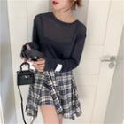 Long-sleeve Applique Plain T-shirt / High-waist Asymmetric Plaid Skirt