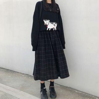 Cartoon Sweater / Plaid Midi A-line Skirt