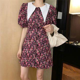 Floral Print Collared Puff-sleeve Mini A-line Dress