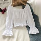 Long-sleeve Square-neck Blouse White - One Size