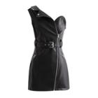 One-shoulder Faux Leather Mini Sheath Dress