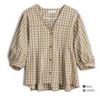 3/4-sleeve Button-up Gingham Blouse