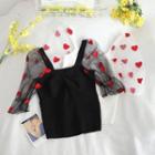 Puff-sleeve Heart Embroidered Blouse