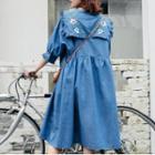 Ruffle Trim Short-sleeve Midi A-line Dress Blue - One Size