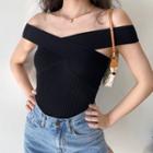 Cross Off-shoulder Cropped Striped Knit Top