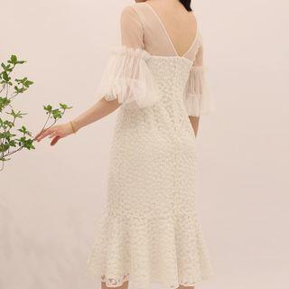 Elbow-sleeve Embroidered Mesh Midi Mermaid Dress