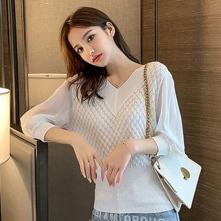 Chiffon Panel Balloon-sleeve V-neck Knit Top