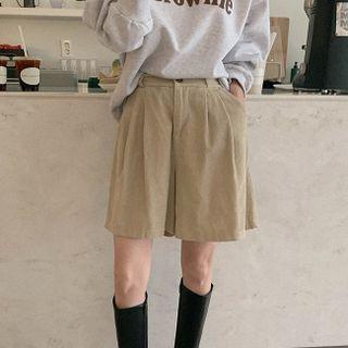 Band-waist Pleated-front Corduroy Shorts Beige - One Size