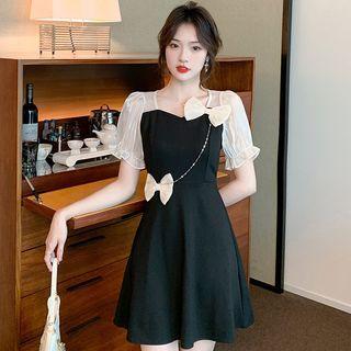 Short-sleeve Ribbon Two-tone Mini A-line Dress