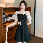 Short-sleeve Ribbon Two-tone Mini A-line Dress