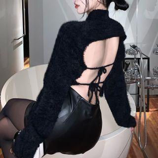 Semi High-neck Open-back Lace-up Long-sleeve Knit Top