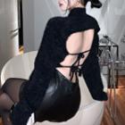 Semi High-neck Open-back Lace-up Long-sleeve Knit Top