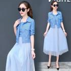 Short-sleeve Shirt / 3/4-sleeve Shirt / Spaghetti Strap Midi Mesh Dress / Set