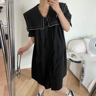 Short-sleeve Contrast Trim Collar Midi Dress