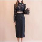 Set: Long-sleeve Lace Top / Lace Midi Skirt