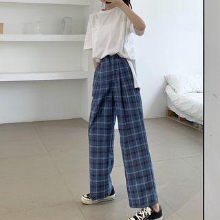Set: Pocket Detail Elbow-sleeve T-shirt + Plaid Wide-leg Pants T-shirt - As Shown In Figure - One Size / Pants - As Shown In Figure - One Size
