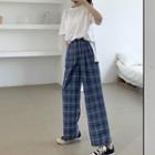 Set: Pocket Detail Elbow-sleeve T-shirt + Plaid Wide-leg Pants T-shirt - As Shown In Figure - One Size / Pants - As Shown In Figure - One Size