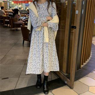Floral Long-sleeve Midi A-line Dress / Plain Cardigan
