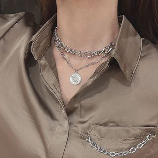 Alloy Coin Pendant Layered Choker Necklace - Silver - One Size
