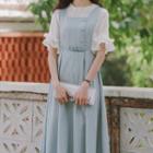 Bell-sleeve Top / Striped Midi A-line Overall Dress / Set