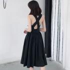 Open-back Sleeveless Plain Dress Black - One Size