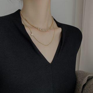 Lettering Rhinestone Star Pendant Layered Necklace