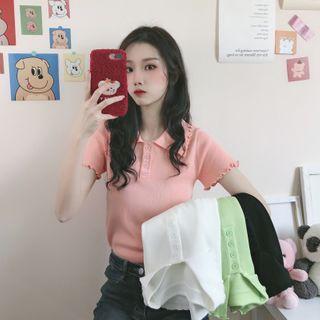 Lettuce Edge Polo-neck Short-sleeve Knit Top