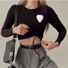 Long-sleeve Heart Print Drawstring Cropped T-shirt
