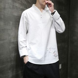 Crane Embroidered Linen Pullover