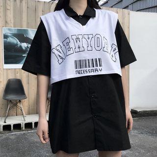 Lettering Cropped Tank Top / Plain Elbow-sleeve Long Shirt